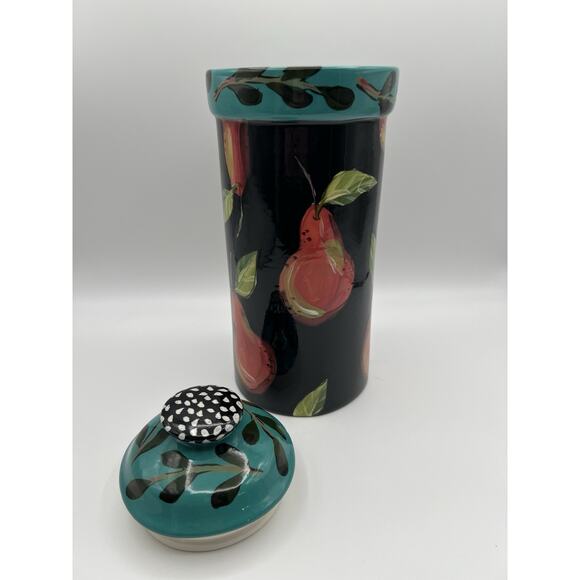 Droll Designs Hand Painted Pear Fruit Art Pottery Large 12” Lidded Canister - Picture 3 of 13